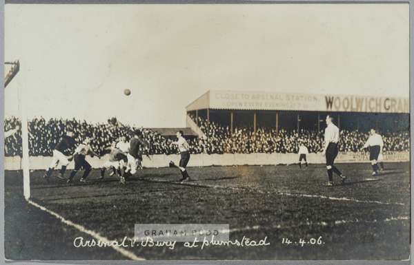 Arsenal v Bury at Plumstead, 14th April 1906 b & w postcard,
 published by Goldthorpe photo chemist, Plumstead, with hand written notes in pencil on r