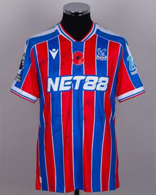 Red and blue Crystal Palace v. Brighton match issued, squad signed Premier League shirt 2025