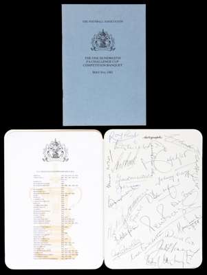 Autographed Football Association's Celebration Banquet menu to commemorate the 100th F.A. Cup in 1981, held at the Royal Garden Hotel, Kensington, Lon