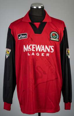 Alan Shearer red Blackburn Rovers no.9 away jersey, season 1995-96,
 Asics, long-sleeved with THE FA PREMIER LEAGUE CHAMPIONS 1994-1995 sleeve badges,