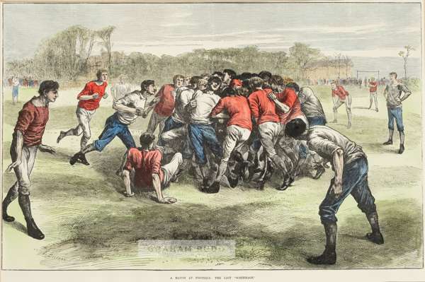 Football print after E. Buckman titled "The Last Scrimmage",
 from London Illustrated News lithograph, 1871, picture of the England v Scotland footbal