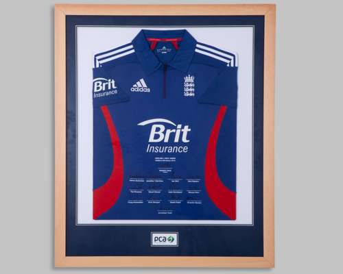 Blue and red England v. West Indies NatWest ODI Series 2012 autographed cricket shirt display