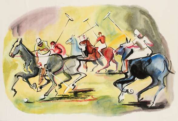 Scalgo (French, 20th century) POLO MATCH signed in pencil, watercolour on paper, 40 by 57cm., mounted, framed & glazed, overall 55 by 75cm.