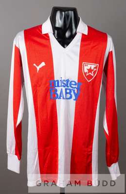 Red and white striped Red Star Belgrade no.4 jersey, season 1989-90,
 by Zelengora, long-sleeved with club crest and sponsor logo, reverse numbered 4,