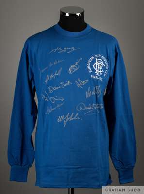 Rangers team signed blue 1972 European Cup Winners' Cup final retro shirt,
 Score Draw, M, long-sleeved with club crest and embroidered EUROPEAN CUP W