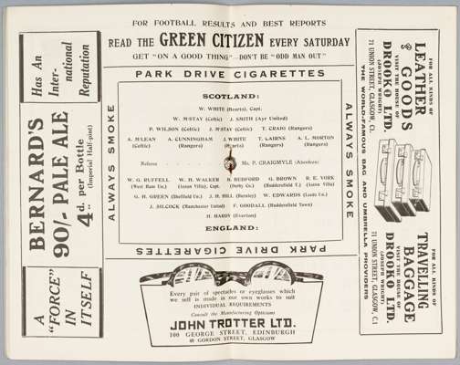 Scottish League v English League 1925-26 programme, played at Celtic Park, 13th March 1926,
 38-page programme with printed cover, bears horizontal cr