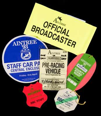 Grand National Meeting BBC broadcasting memorabilia, including various media-issued armbands, badges, passes and stickers, content including the 1993 