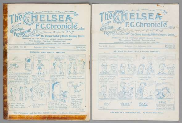 Two Chelsea v South Shields programmes, 

F.L. Division Two fixtures, 27th February 1926 and 26th February 1927 (the 1927 poor), (2)