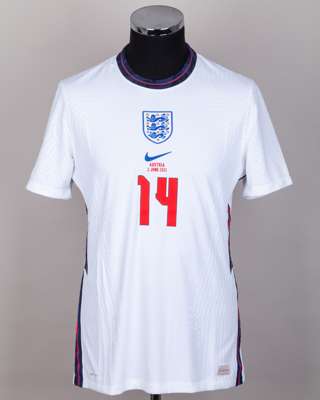 Ben Godfrey white No.14 England v. Austria short-sleeved shirt, 2021