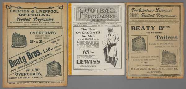 Three Everton home programmes,
 F.L. Division One fixtures  v Bury 11th February 1905, a combined programme also featuring the Liverpool reserves matc