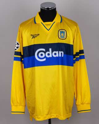 Kim Daugaard yellow and blue No.8 Brondby long-sleeved shirt, 1999-2000