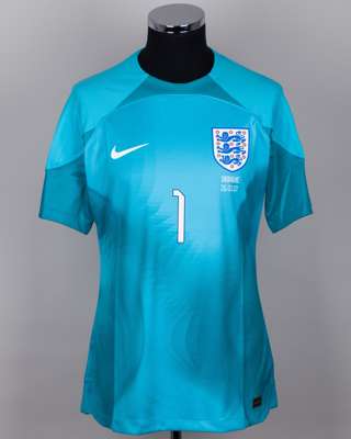 Jordan Pickford blue No.1 England v. Ukraine goalkeeper shirt, 2023