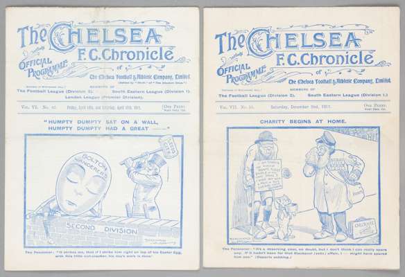 Two Chelsea home programmes, 

F.L. Division Two fixtures v Leeds City 14th April 1911, a combined programme also covering the reserves fixture v Brig
