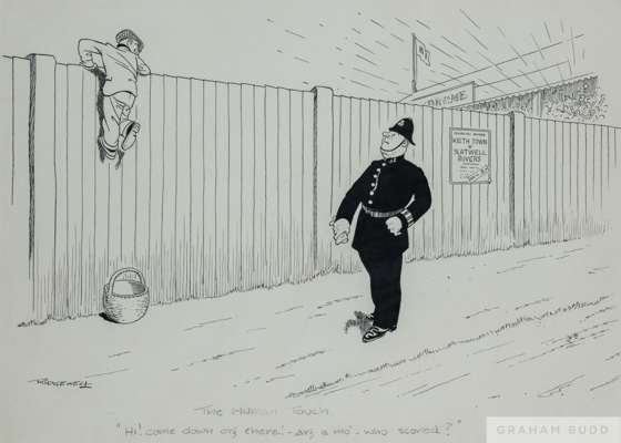 William Leigh Ridgewell (1881-1937), 'The Human Touch' football drawing, 
 featuring a policeman and a boy climbing a football stadium fence, titled "