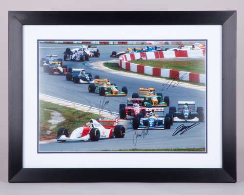 1993 Brazilian Grand Prix Framed Photo Signed by Schumacher, Hill, Alesi & JJ Lehto