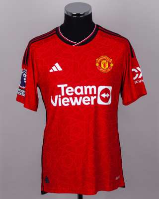 Bruno Fernandes red No.8 Manchester United match worn short-sleeved shirt, 2023-24