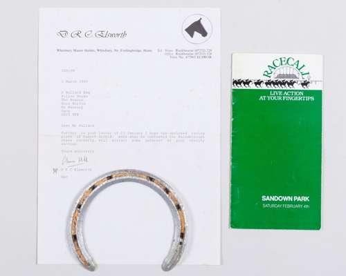 Racing plate worn by Desert Orchid when winning the 1989 Gainsborough Chase at Sandown Park