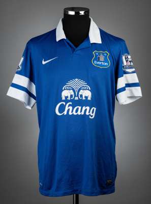 Phil Jagielka blue & white Everton no.6 home jersey, season 2013-14,
 match-issue, Nike, short-sleeved with BARCLAYS PREMIER LEAGUE sleeve badges, clu