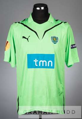 Nuno Reis green Sporting Lisbon no.44 away jersey in the UEFA Europa League, season 2009-10,
 short-sleeved with UEFA EUROPA LEAGUE and RESPECT sleeve