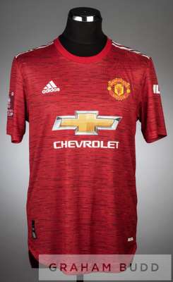 Luke Shaw red Manchester United 23 away jersey v Leicester City in the FA Cup Quarter-Final at King Power Stadium, 21st March 2021, 
 short-sleeved EM