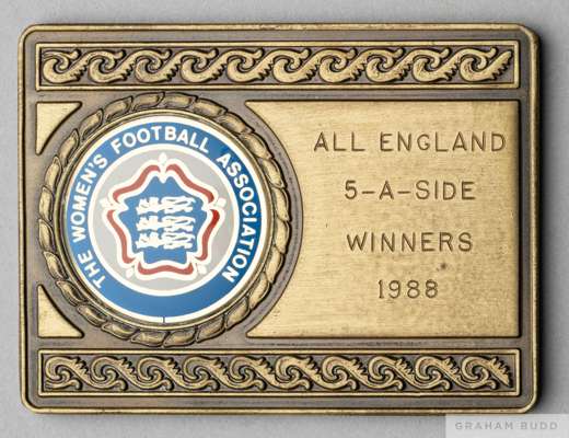 Joanne Broadhurst Women's Football Association All England 5-A-Side Winners plaque, 1988
 the obverse inscribed THE WOMEN'S FOOTBALL ASSOCIATION ALL E