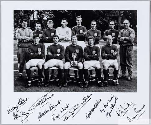 A black and white 1966 England World Cup team line up autographed photograph
 the margin autographed by ten of the World Cup-winning side lacking Bobb