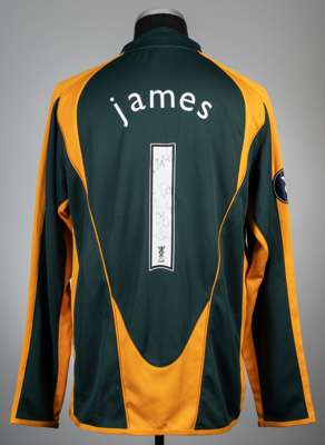 David James signed green and orange Portsmouth UEFA Cup no.1 goalkeeper's jersey, season 2008-09,
 Canterbury, long-sleeved with UEFA CUP sleeve badge