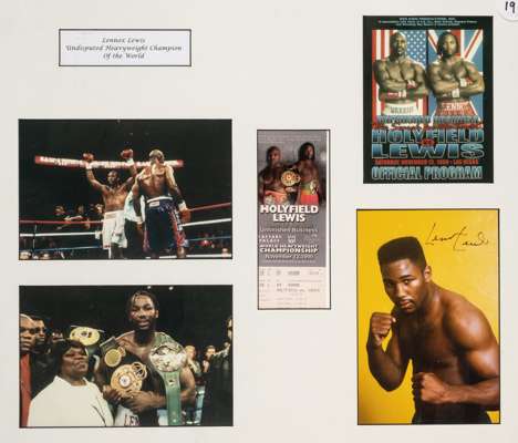 Lennox Lewis signed photography with programme cover and ticket display v Evander Holyfield in the World Heavyweight Championship bout at Caesars Pala