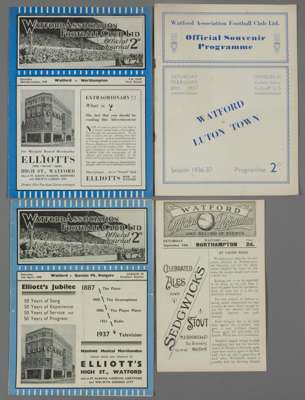 Four Watford home programmes,
 F.L. Division Three v Northampton Town 18th September 1920, F.L. Division Three (South) fixtures v Luton Town 20th Febr