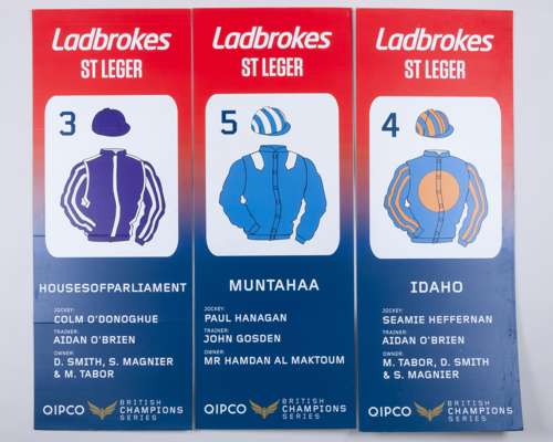 Three QIPCO British Champions Series paddock parade pennants from the 2016 Ladbrokes St Leger