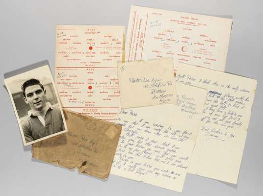 A group of ephemera assembled by Manchester United's Duncan Edwards's first "pen-pal"  circa 1954-1955,
 including a signed 2-page hand written letter