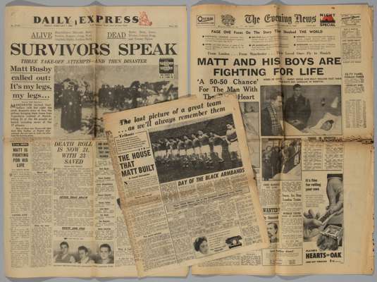 Two newspapers relating to the 1958 Manchester United Munich Air Disaster dated February 7th 1958 (the day after the crash)