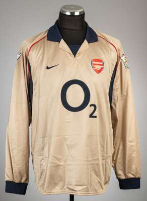 Freddie Ljungberg gold Arsenal no.8 third choice jersey, season 2002-03,
 Nike, long-sleeved with THE FA PREMIER LEAGUE CHAMPIONS 2001-2002 sleeve bad