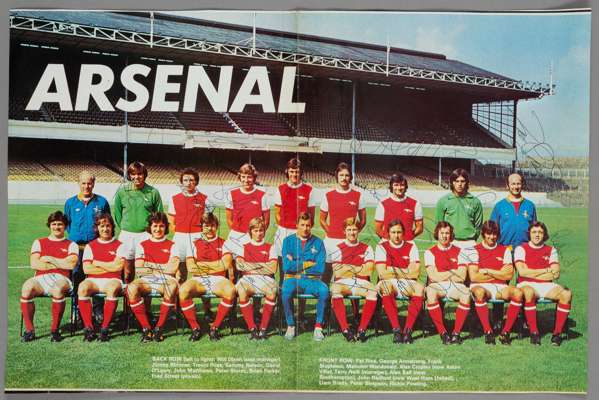 Arsenal 1976-77 large autographed colour centre double page of pre-season squad,
 signed by 16 players (missing only Armstrong) but also signed by Ter
