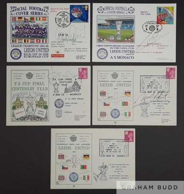 Leeds United signed First Day Covers, five in total signed by ex Legends of the Elland Road club, 
 Jack Charlton, Allan “Sniffer” Clarke, Norman “Bit