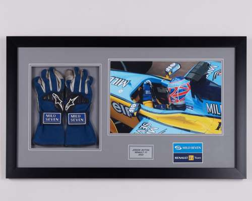 Jenson Button 2002 Renault F1 Team Race Used Framed Gloves