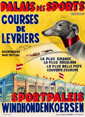 Belgian vintage poster for greyhound racing at the Palais des Sports in Brussels, colour lithograph by Leon & Hector Verstegen Freres, Brussels, 84 by