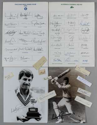 A collection of cricket autographs, 
 including England West Indies touring team, 1994, Australian Touring squad, two black and white photographs of R