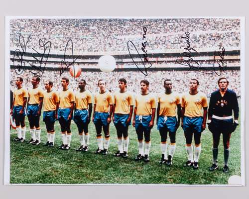 A partial autographed colour print of the Brazil 1970 World Cup-winning team