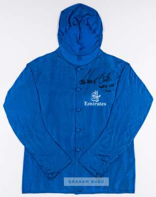 Frankie Dettori signed silks from Dubai Millennium's win in the Dubai World Cup, 25th March 2000,
 comprising of royal blue jacket silks embroidered i