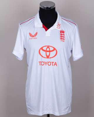Gus Atkinson Match Issued white and red No.37 England v. India, signed Red For Ruth shirt