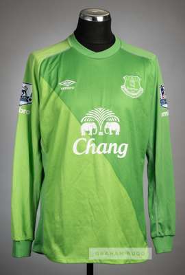 Tim Howard lime green Everton no.24 goalkeeper's third change jersey v Arsenal, at Emirates Stadium, 24th October 2015,
 Umbro, long-sleeved with BARC