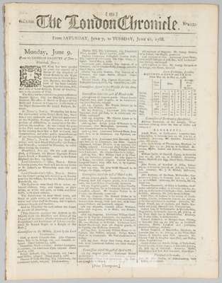 The London Chronicle with cricket and sailing reports, dated Saturday June 7th to Tuesday June 10th 1788,
 eight-page, Vol.LXIII, No.4933, three-colum