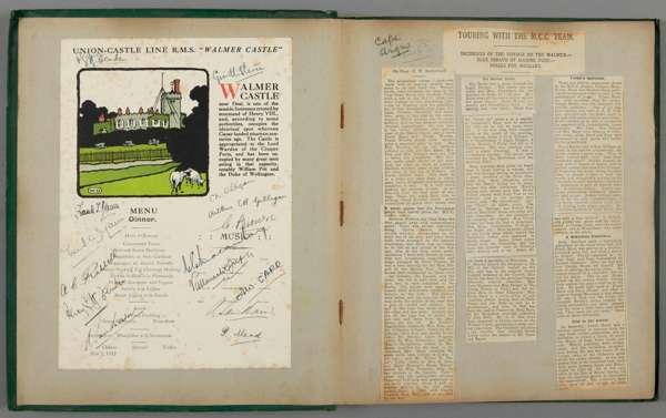 A press cuttings album compiled by Percy Fender during England's 1922-23  Cricket Tour to South Africa,
 the album commencing with a RMS Walmer Castle