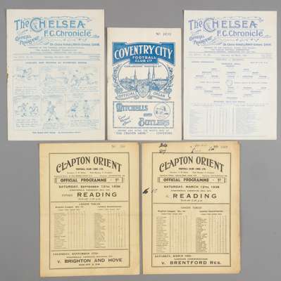 Five Reading away programmes,
 F.L. Division Two fixtures at Chelsea 2nd April 1927, and F.L. Division Three fixtures at Clapton Orient x 2 12th Septe