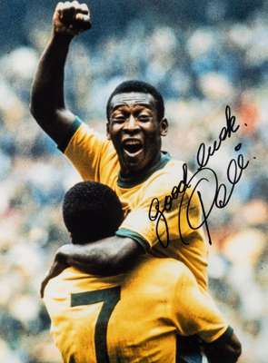 Pele signed colour photograph,
 the 15 by 11in. image depicting his goal celebration at the 1970 World Cup, signed in black marker and inscribed "Good