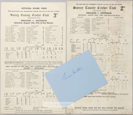 CRICKET - ENGLAND v AUSTRALIA 1938 ASHES 5TH TEST THE OVAL LEN HUTTON 364 OFFICIAL SCORECARD ENGLAND v AUSTRALIA 1953 OVAL SCORECARD ENGLAND WIN THE A