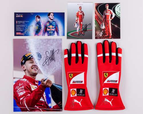 Sebastian Vettel Signed Ferrari Unofficial Replica Gloves, Signed A4 Photo & Driver Card