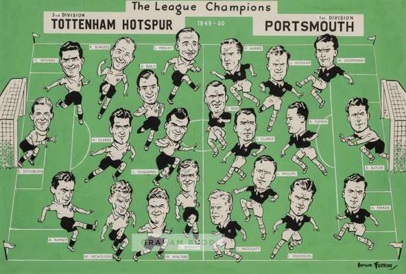 Arthur Ferrier (Scottish, 1891-1973) Tottenham Hotspur v Portsmouth League Champions 1949-50 artwork, 
 depicting both team player profiles on a pitch