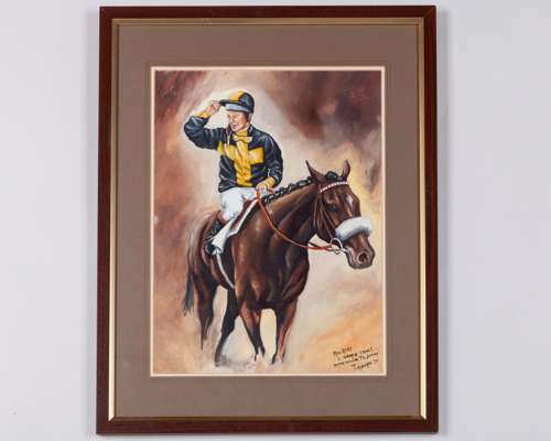David Denyer (British, b.1937) acrylic painting of Mill Reef & Geoff Lewis - The Derby